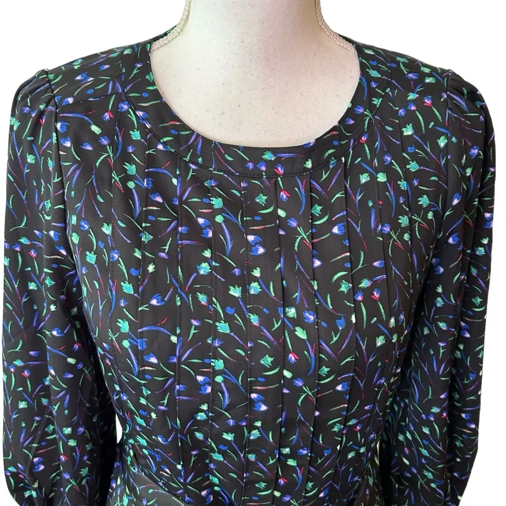 DKNY Belted Long Sleeve crepe de chine midi dress SZ 4 Black Multicolor Print - Picture 4 of 9